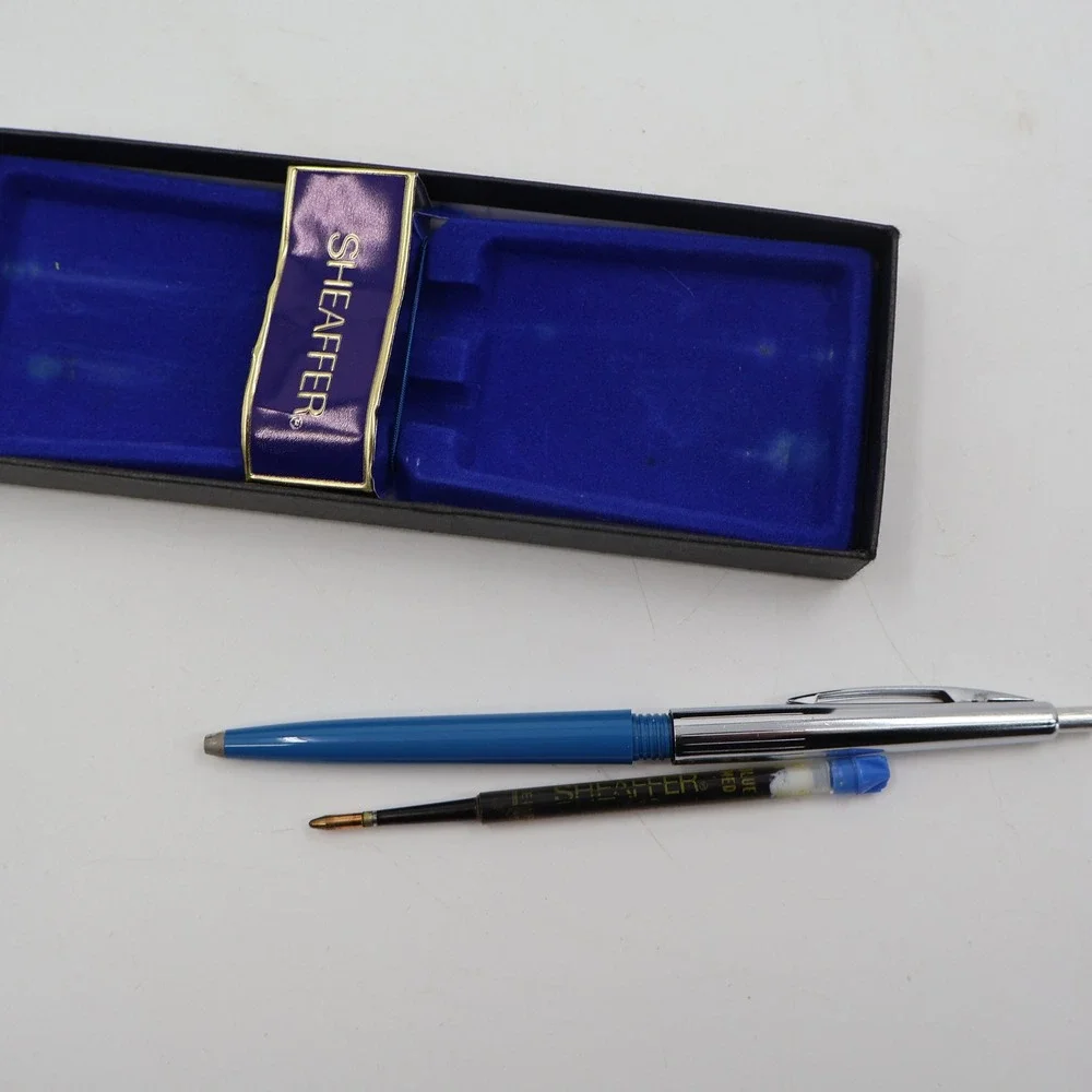 Sheaffer Ballpoint Pen Blue Chrome Vintage Push Button USA Made Case
